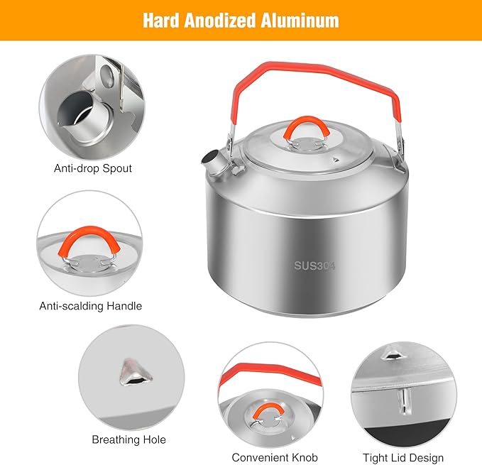 REDCAMP 1.6L Outdoor Camping Kettle, Lightweight Stainless Steel Water Pot with Carrying Bag