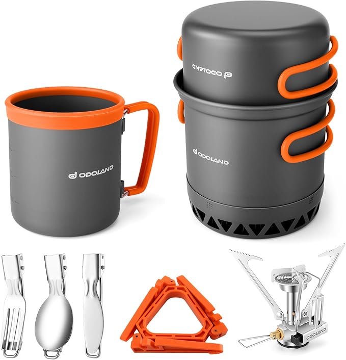 Odoland Camping Pots with Heat Exchanger Camping Cooking Set with Portable Camping Stove Camping