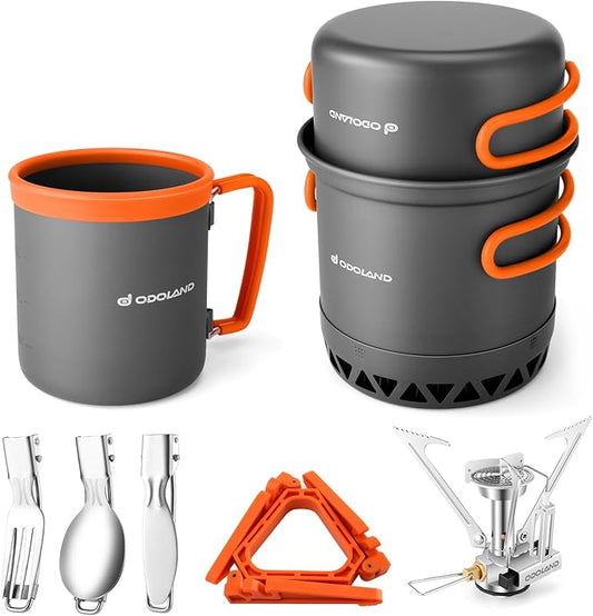 Odoland Camping Pots with Heat Exchanger Camping Cooking Set with Portable Camping Stove Camping