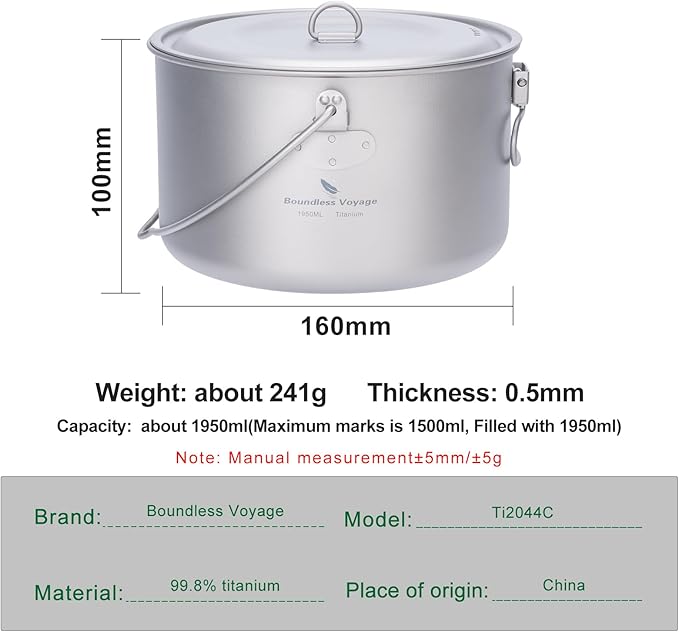 iBasingo 1.95L (1950ml) Titanium Pot with Lid Ultralight Camping Cookware for Backpacking, Hiking &