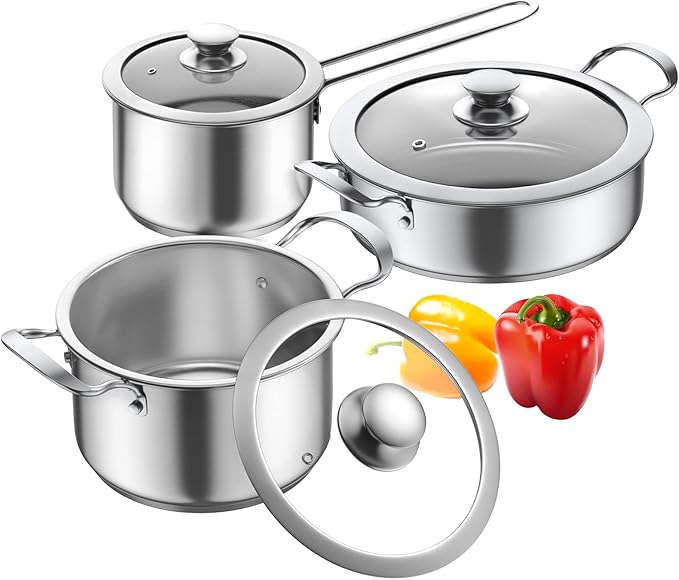 Aufranc Stainless Steel pots and pans set, 6 Piece Nonstick Kitchen Induction Cookware Set,Works