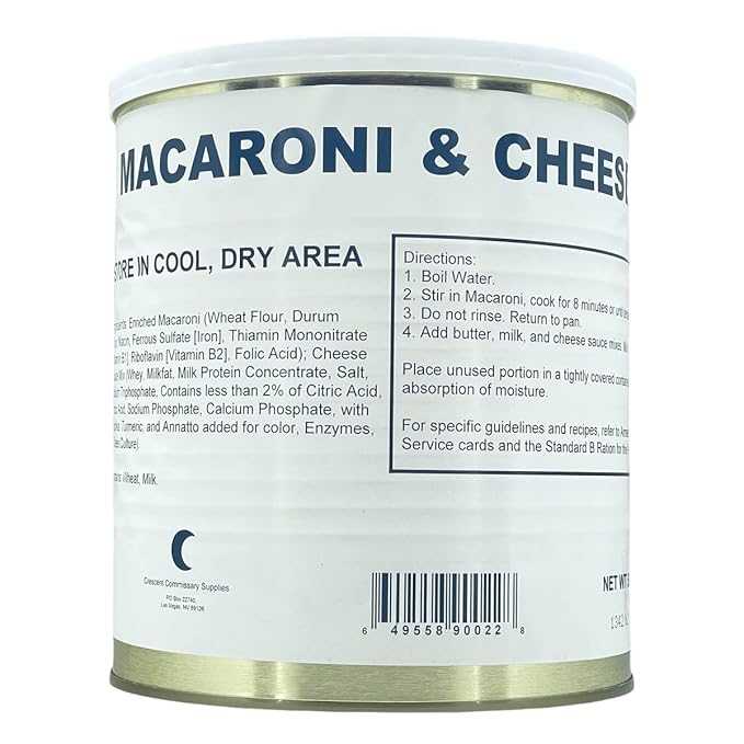 Military Surplus Freeze-Dried Uncooked Macaroni and Cheese – 24 Servings per Can – 58 oz – Easy