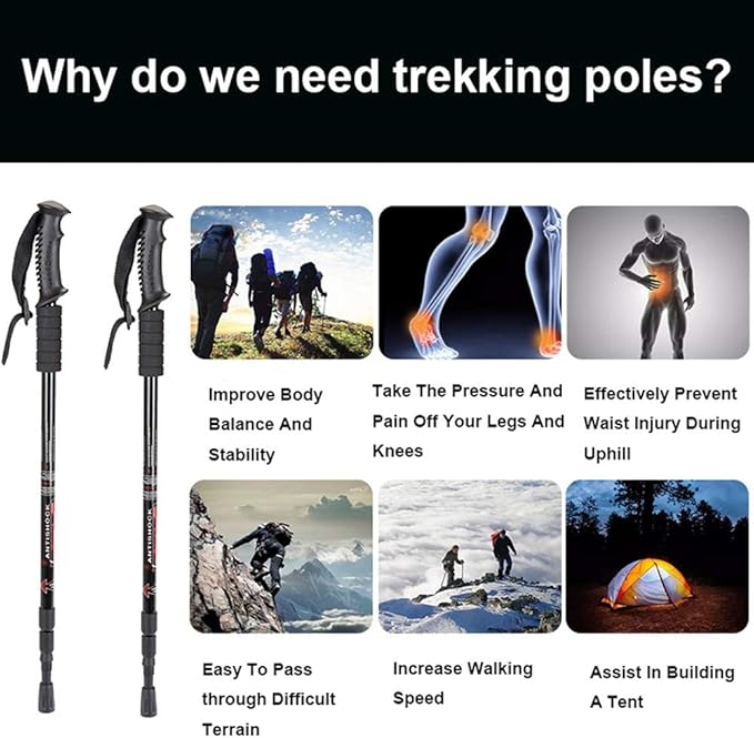 Aihoye Hiking Trekking Poles, 2 Pack Collapsible, Lightweight, Anti Shock, Walking Sticks
