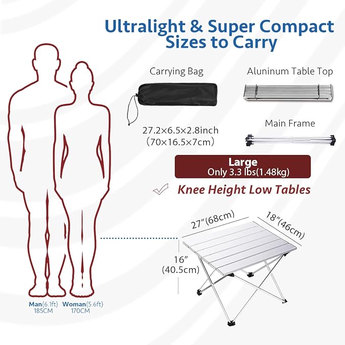 Grope Portable Camping Table with Aluminum Table Top, Folding Beach Table Easy to Carry, Prefect