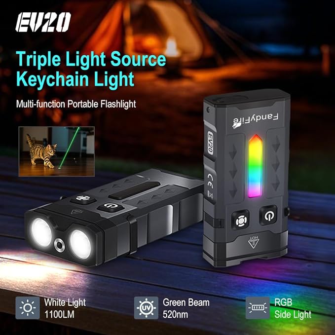 1100 Lumen Small EDC Keychain Flashlight with Green Beam - Rechargeable RGB LED Clip on Flashlight