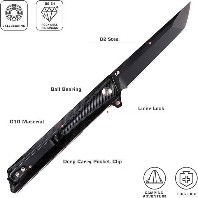 Tactical Folding Pocket Knife GD22K, 3.6" Black PVD Tanto Blade Flip Open with Durable G10