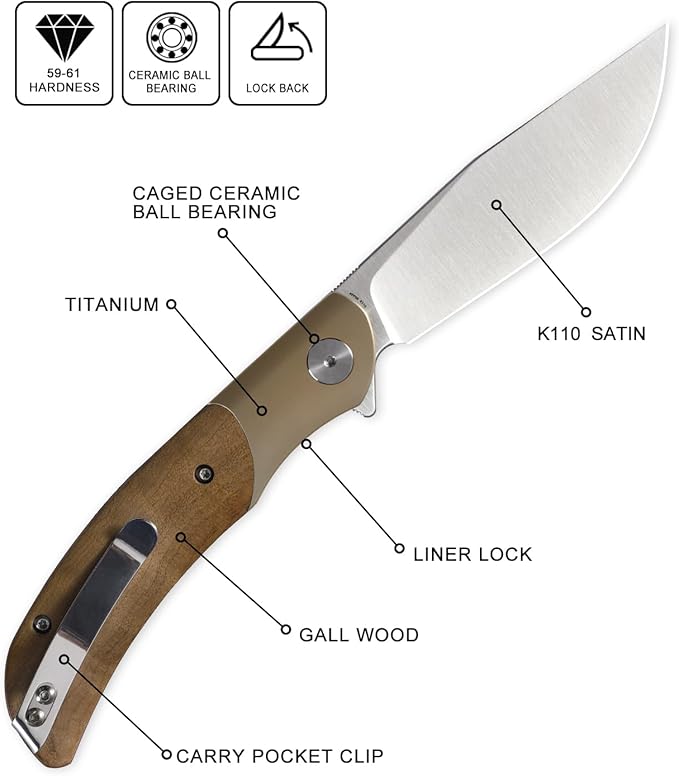 Petrified fish PFP09 Hourglass Folding Knife,3.54" K110 Steel Satin Blade, 3.88oz Titanium and