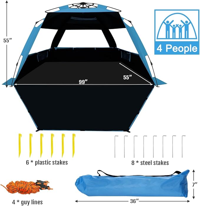 WhiteFang Deluxe Pop Up Beach Tent Sun Shade Shelter for 3-4/5-6 Person, UV Protection, Extendable