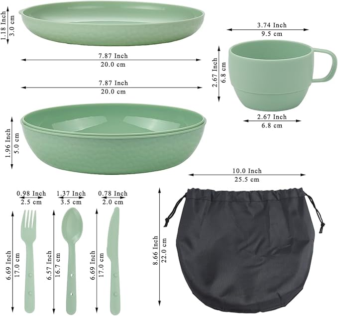 HOMQUEN 6-Piece Camping Mess Kit with Bowl, Plate, Cup, Spoon, Fork, Knife and Carry Bag, Plastic