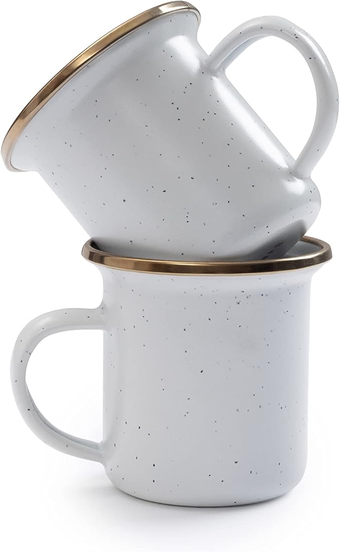 Barebones 5-Ounce Enamel Espresso Cup Set of 2 - Small Coffee Mug and Tea Cup - Stainless Steel Rim