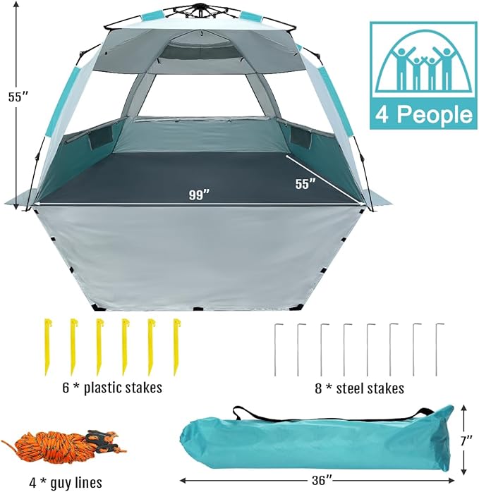 WhiteFang Deluxe Pop Up Beach Tent Sun Shade Shelter for 3-4/5-6 Person, UV Protection, Extendable