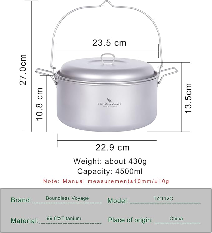 Boundless Voyage Titanium 4.5L Hanging Pot with Steaming Rack Folding Handle Outdoor Camping