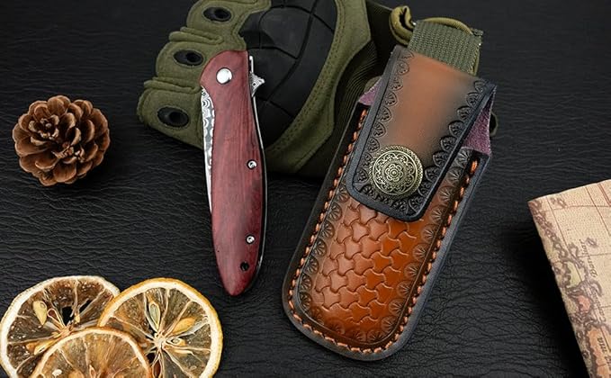 Damascus Pocket Knife with Sheath, 2.87" Damascus Steel Blade Knife with Wood Handle, EDC Folding