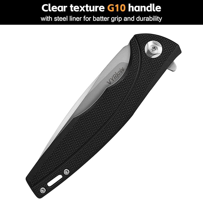 Pocket EDC Knife V903, 3.2" D2 Steel Blade Black G10 Handle Folding Knife with Pocket Clip for Men
