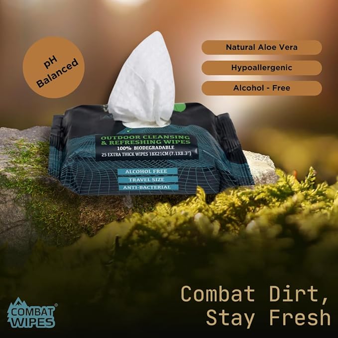 Combat Wipes ACTIVE Outdoor Wet Wipes - Extra Thick Camping Gear, Biodegradable, Body & Hand