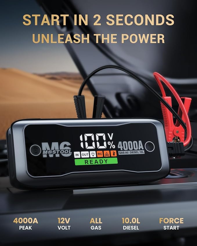 MOSTOOL M6 4000A Jump Starter with Smart HD Display, 12V Portable Jump Box & Car Battery Booster