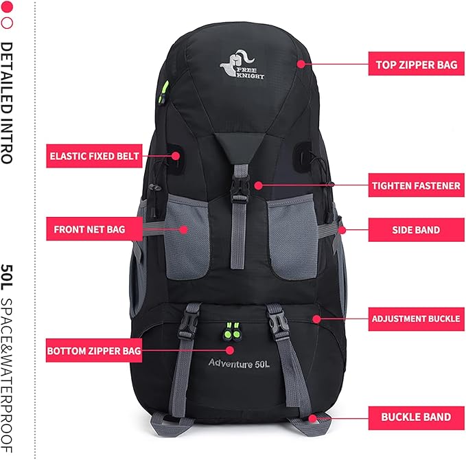 Bseash 50L Hiking Backpack, Water Resistant Lightweight Outdoor Sport Daypack Travel Bag for