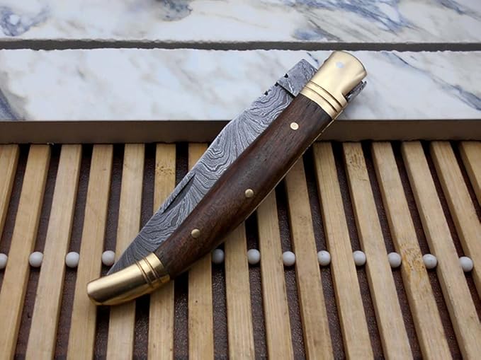 Laguiole Folding Damascus Steel Knife, 8.5" Long with 4" Hand Forged Twist patren Blade. Rose Wood