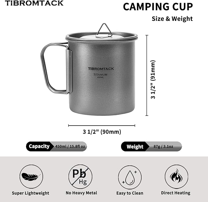 TIBROMTACK Camping Cup with Lid Pure Titanium Coffee Mug Ultralight 450ml Outdoor Small Camping Pot