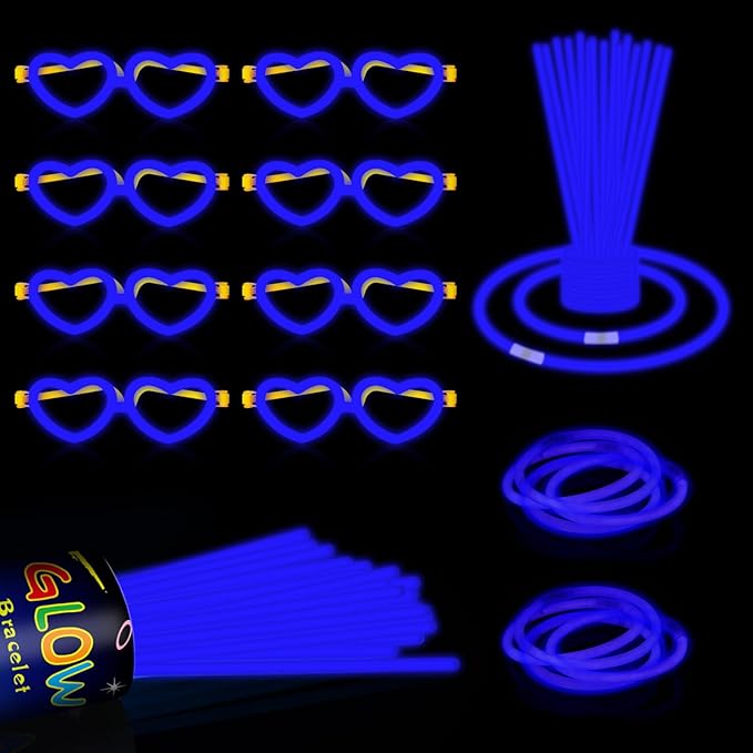 60 Pack 8??Blue Glow Sticks Bulk Bright Glow Sticks with 60 Connectors 20 Heart Glasses Glow In The