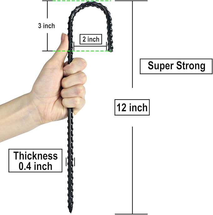 12 Inch Rebar Stakes Heavy Duty J Hook, Coated Steel Ground Stakes Tent Stakes Ground Anchors for