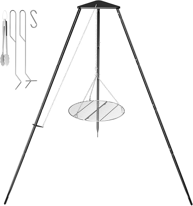Campfire Tripod for Cooking, Campfire Cooking Equipment, Round Grill Grate with Adjustable Height