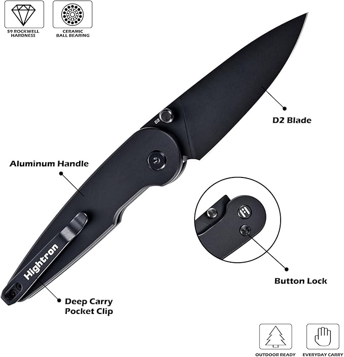Hightron Birdidi Folding Pocket Knife, 2.91" D2 Blade Aluminum Handle with Deep-Carry Clip, Sharp