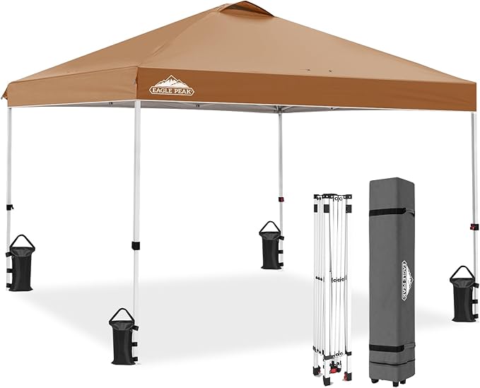 EAGLE PEAK Pop Up Canopy Tent with Wheeled Carry Bag, 8 Stakes, 4 Ropes, 4 Weight Bags, Easy Set Up