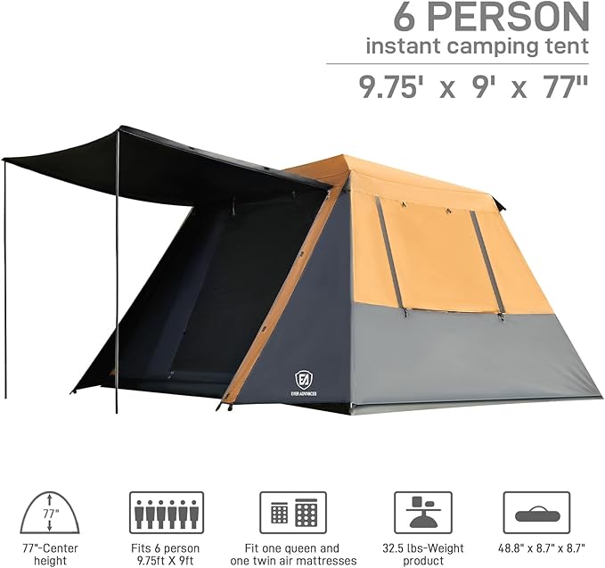 EVER ADVANCED Blackout Design 6 Person Camping Tent, Instant Cabin Tent for Family with Vestibule