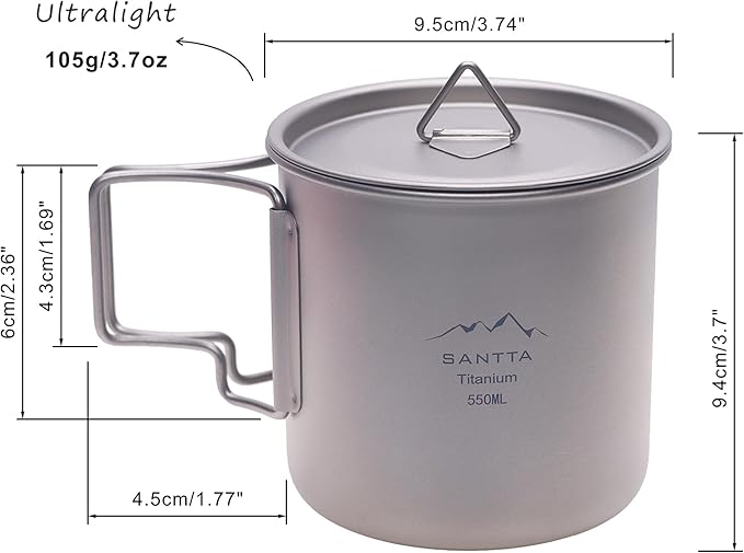 SANTTA Camp Cup MUG with Lid & Pouch, 18.6 oz Ultra Light Titanium Cup with Foldable Handle Camping