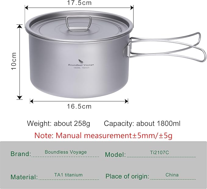 iBasingo 1.8L Titanium Cooking Pot with Lid Camping Cookware with Foldable Handle Outdoor Portable