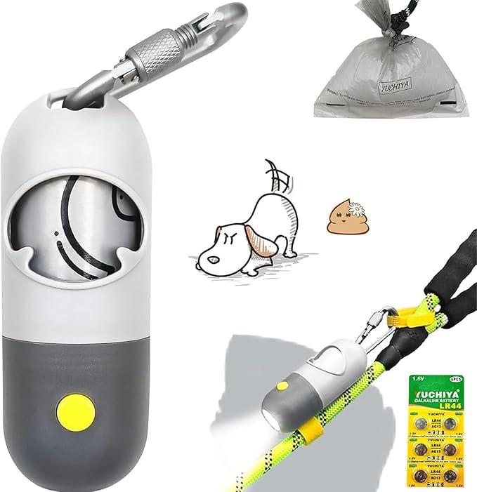 Dog Poop Bags Holder with LED Flashlight|Pet Waste Bags Dispenser for Leash|Doggie Potty Bags