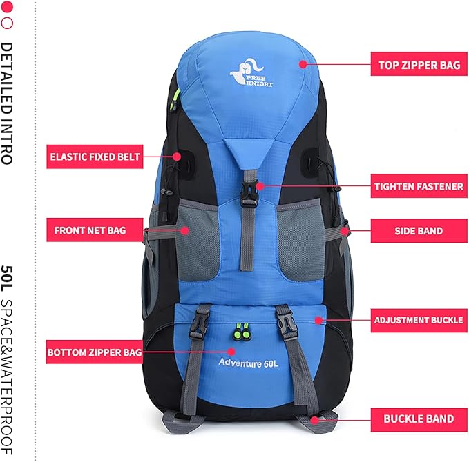 Bseash 50L Hiking Backpack, Water Resistant Lightweight Outdoor Sport Daypack Travel Bag for