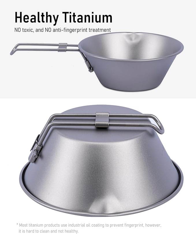 iClimb Titanium Bowl with Foldable Handle Ultralight Compact Portable Flatware Tableware with Bag