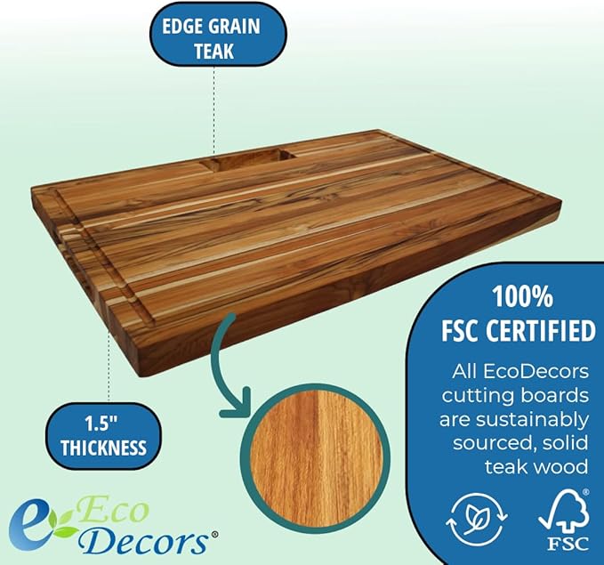 EcoDecors, Teak Edge Grain Cutting Board 29"x18", Solid FSC Teakwood Butcher Block with Juice
