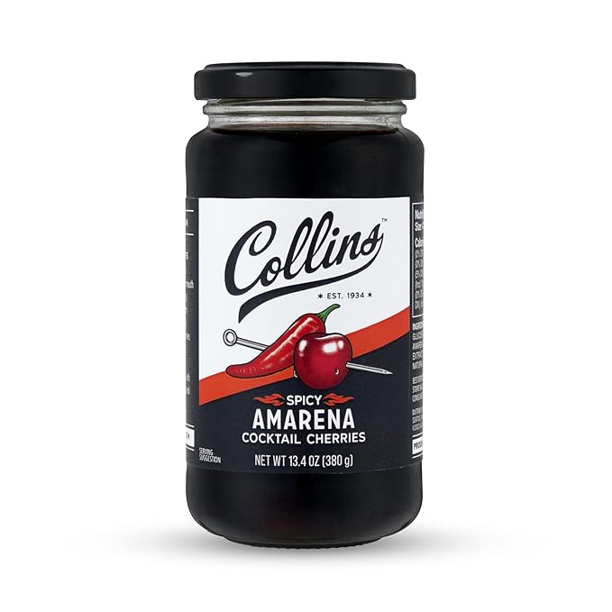 Collins Spicy Amarena Cherries in Syrup, Black Cherries for Old Fashioned or Manhattan, Cocktail