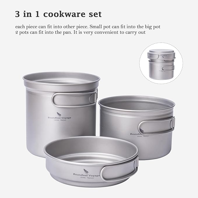 iBasingo Titanium Pot Pan Set with Folding Handle - Ultralight Portable Outdoor Cookware Mess Kit