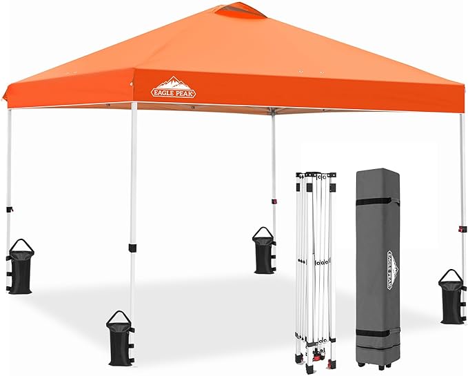 EAGLE PEAK Pop Up Canopy Tent with Wheeled Carry Bag, 8 Stakes, 4 Ropes, 4 Weight Bags, Easy Set Up
