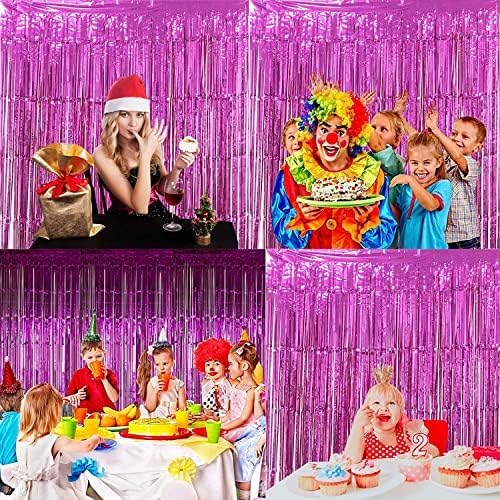 BRAVESHINE Hot Pink Tinsel Foil Fringe Curtains - 2Pcs 3.2x8.2ft Metallic Party Streamers Backdrop