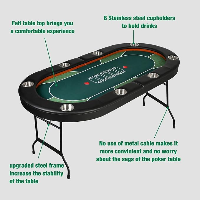 Upgraded 8- Player Foldable Poker Table for Blackjack Card Game, Portable Casino Table for Game