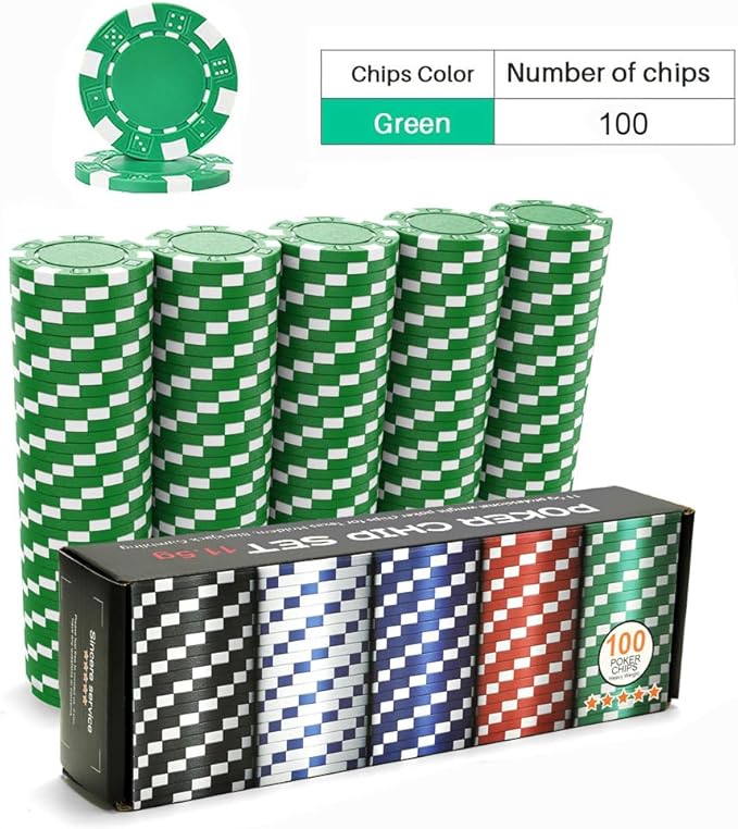 100PCS Green Casino Poker Chips Set, 11.5 Gram Plastic Clay Blank Game Chips for Poker Card Games