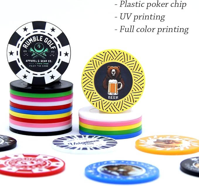 100 Custom Plastic Poker Chips, Print with Personalized Text, for Texas Hold'em Poker, Card Club or