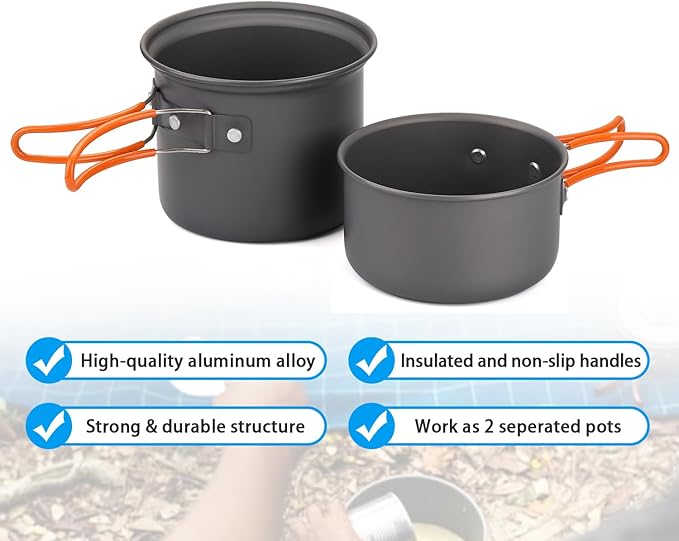 Odoland 6pcs Camping Cookware Mess Kit with Lightweight Pot, Stove, Spork and Carry Mesh Bag, Great