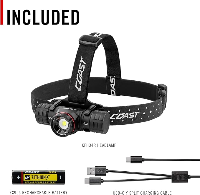 Coast® XPH34R 2075 Lumen USB-C Rechargeable-Dual Power LED Headlamp withPURE Beam® Twist Focus??and