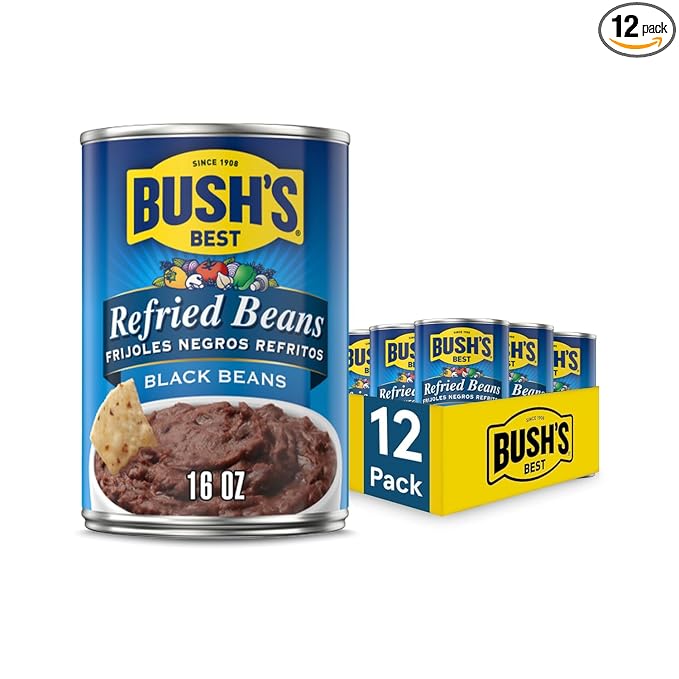 BUSH'S BEST 16 oz Canned Black Refried Beans, Source of Plant Based Protein and Fiber, Low Fat