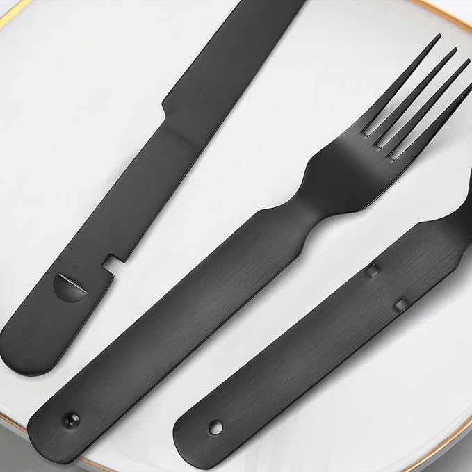 Portable Silverware Black Flatware Camping Cutlery Stainless Steel Spoon Fork Knife and Bottle