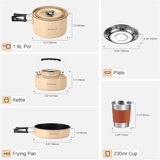Odoland 15pcs Camping Cookware Mess Kit, Non-Stick Lightweight Pot Pan Kettle Set with Stainless
