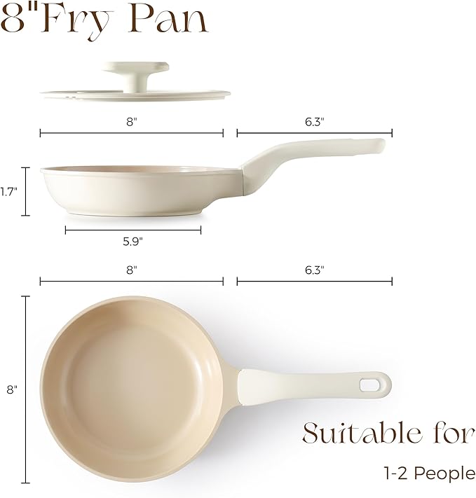 PRICUSIS Nonstick Ceramic Frying Pan with Lid, 8/10 Inch Skillet with Stay Cool Handle, Fully