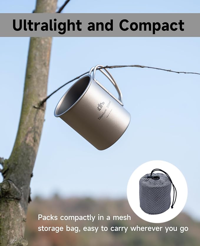 iClimb Titanium Cup Camping Coffee Mug Ultralight Compact with Foldable Handle (450ml)