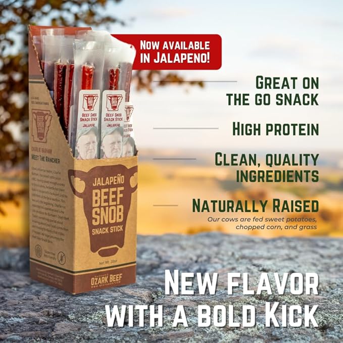 Beef Snob Snack Sticks - Jalapeño Flavor - 1 Ounce Snack - 20 Meat Sticks Per Box - High Protein